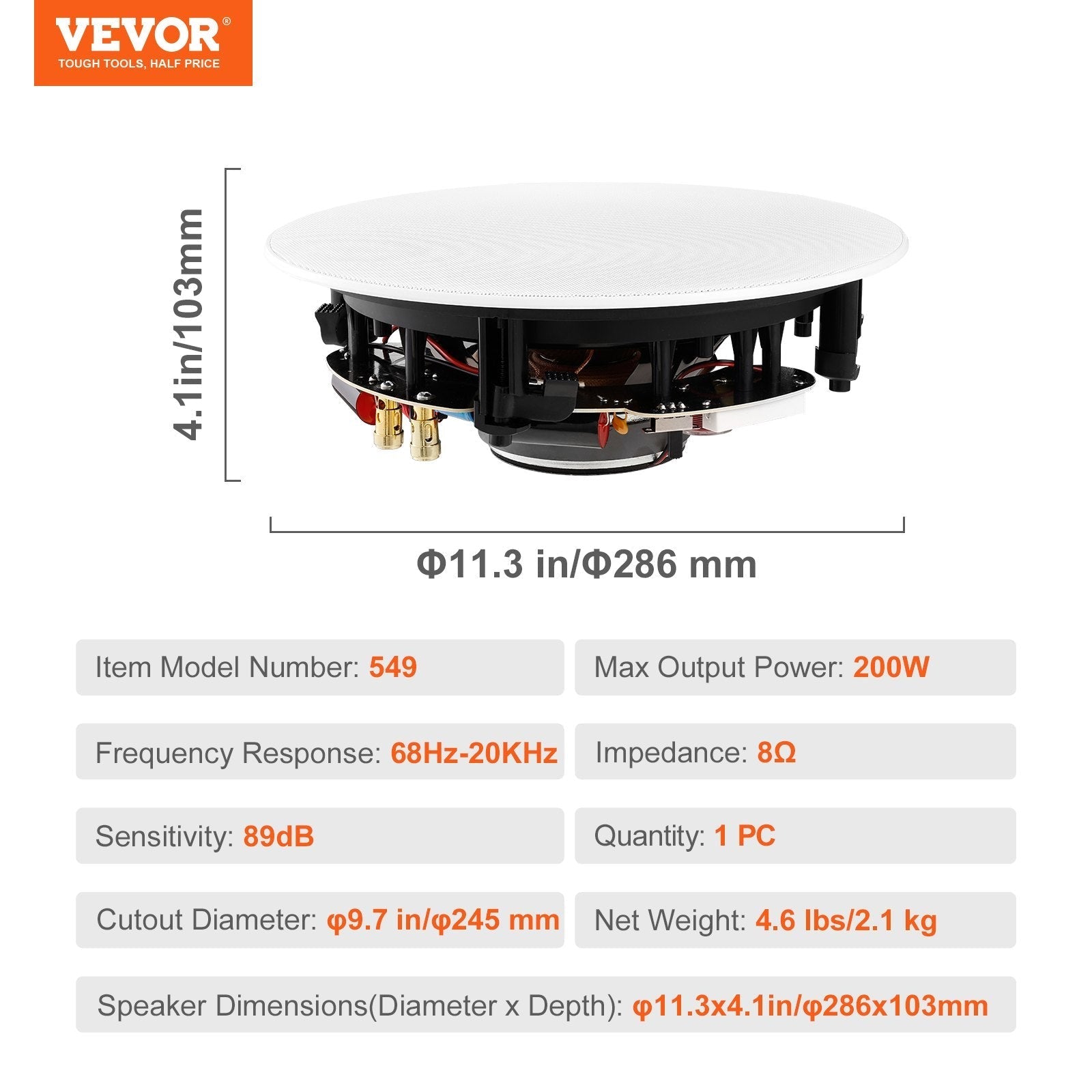 VEVOR 8 Inch in Ceiling Speakers, 200-Watts, Flush Mount Ceiling & in-Wall Speakers System with 8?Impedance 89dB Sensitivity, for Home Kitchen Living Room Bedroom or Covered Outdoor Porches, Single