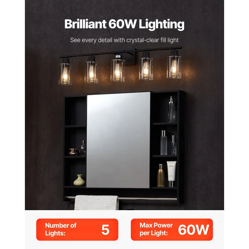 5-Light Bathroom Vanity Light Fixture, 37.1-Inch Modern Wall Light with Clear Glass Shades, E26 Base, Matte Black