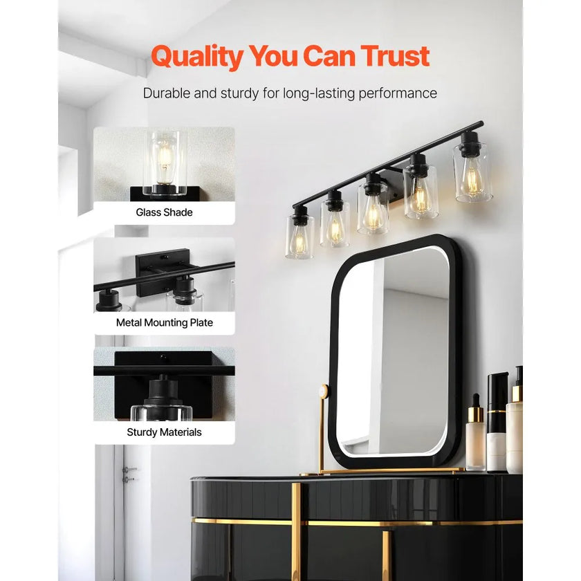 5-Light Bathroom Vanity Light Fixture, 37.1-Inch Modern Wall Light with Clear Glass Shades, E26 Base, Matte Black