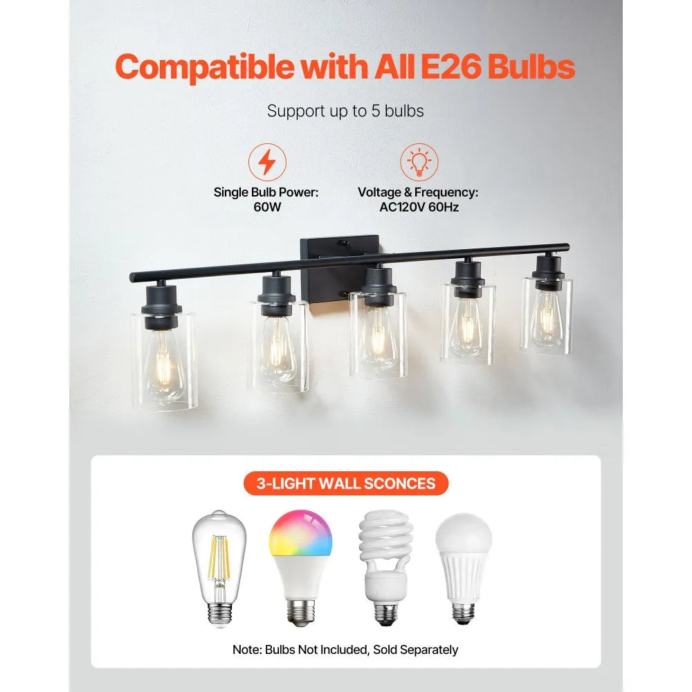5-Light Bathroom Vanity Light Fixture, 37.1-Inch Modern Wall Light with Clear Glass Shades, E26 Base, Matte Black