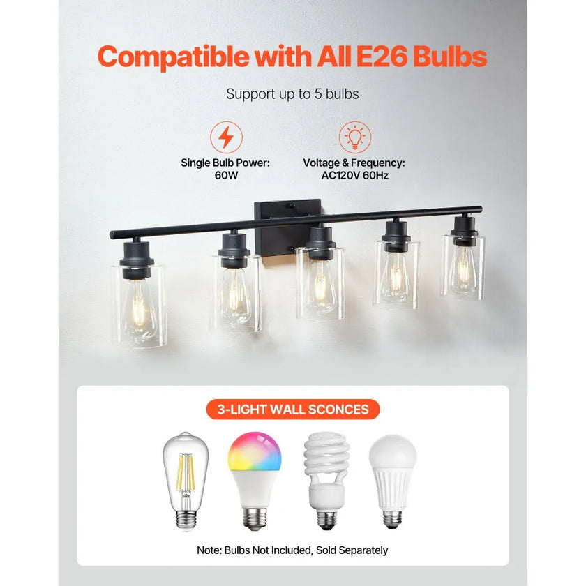 5-Light Bathroom Vanity Light Fixture, 37.1-Inch Modern Wall Light with Clear Glass Shades, E26 Base, Matte Black