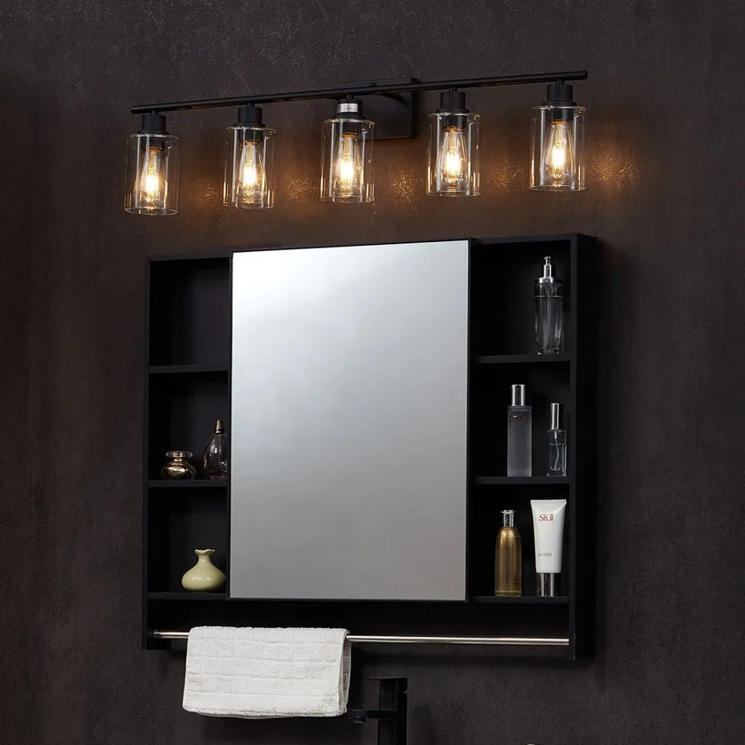 5-Light Bathroom Vanity Light Fixture, 37.1-Inch Modern Wall Light with Clear Glass Shades, E26 Base, Matte Black