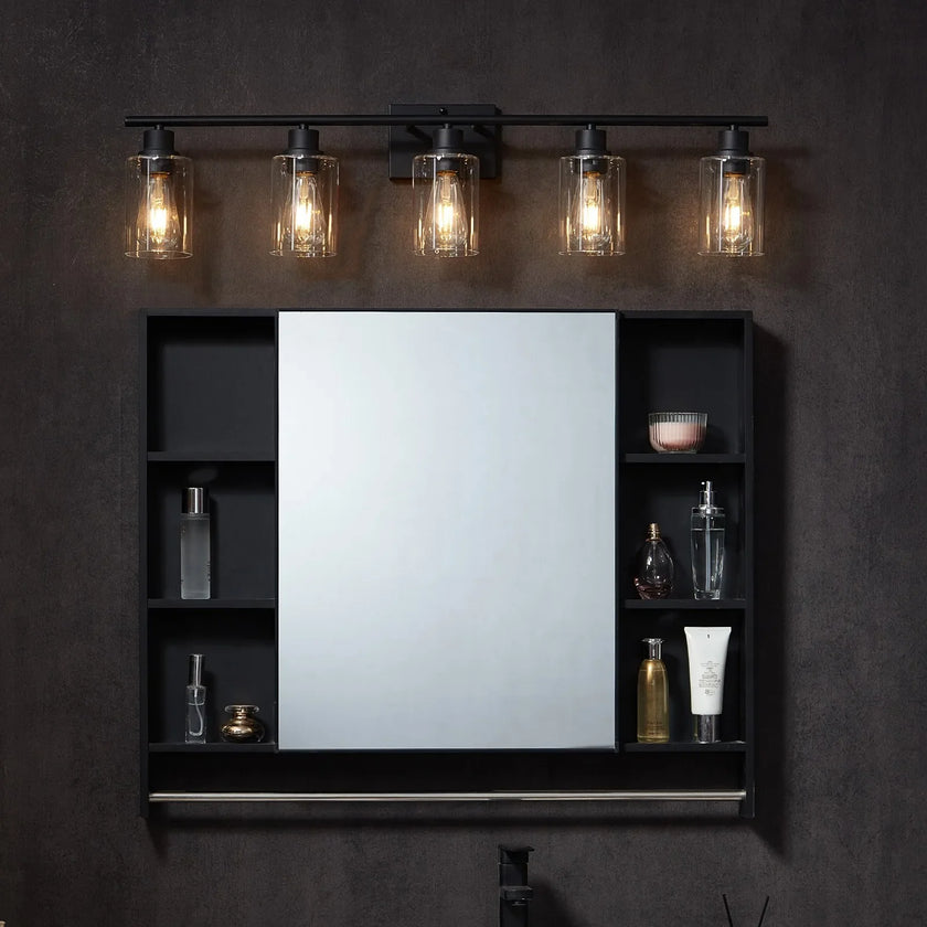 5-Light Bathroom Vanity Light Fixture, 37.1-Inch Modern Wall Light with Clear Glass Shades, E26 Base, Matte Black
