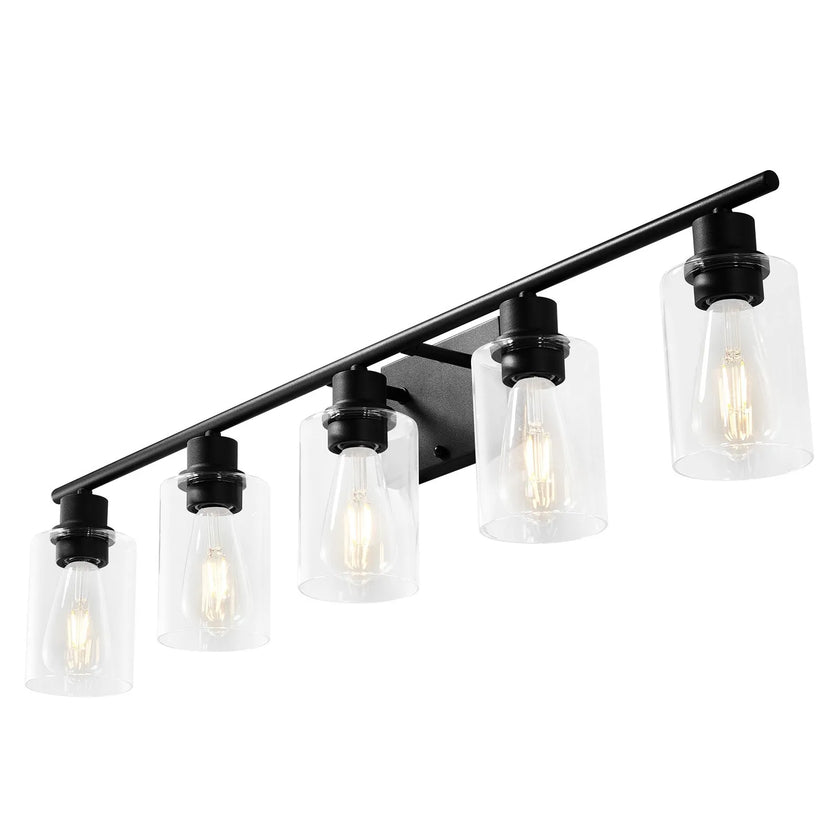 5-Light Bathroom Vanity Light Fixture, 37.1-Inch Modern Wall Light with Clear Glass Shades, E26 Base, Matte Black