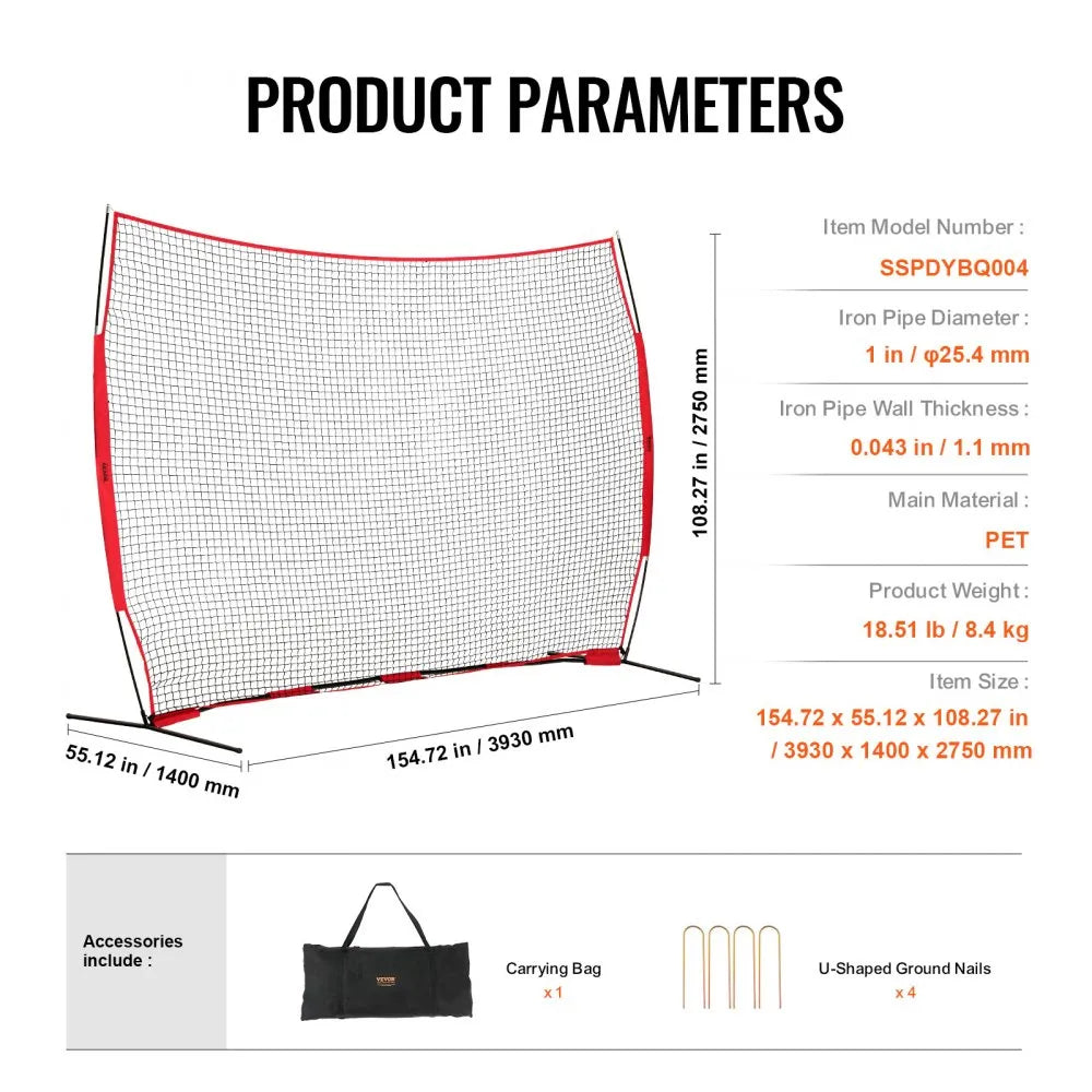 VEVOR Barricade Backstop Net, 12x9 ft Ball Sports Barrier Netting, Portable Practice Equipment with Carry Bag, Protection Screen for Baseball Softball Lacrosse Soccer Hockey Training, for Backyard