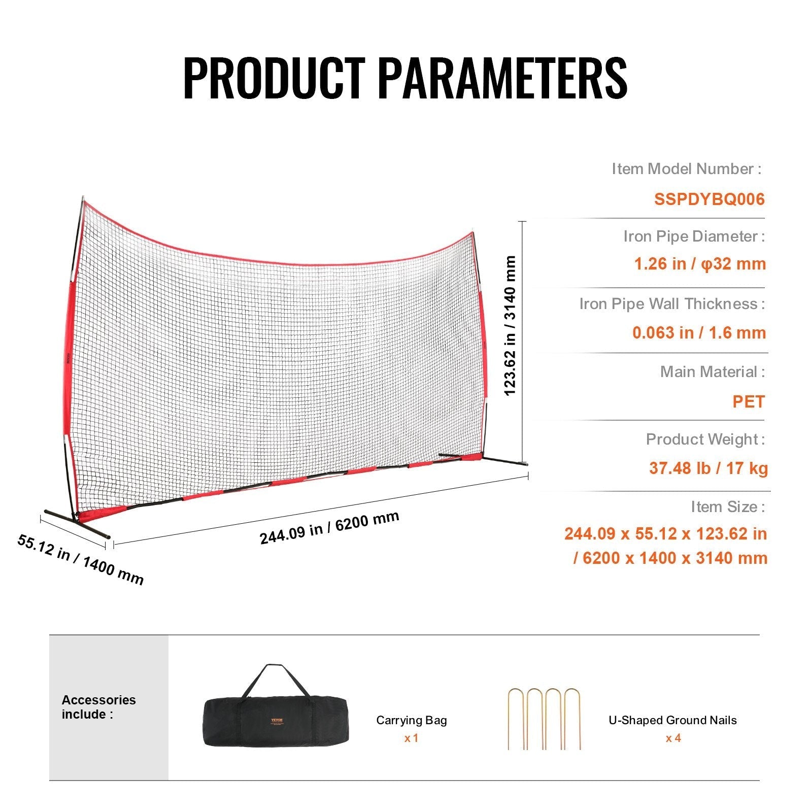 VEVOR Barricade Backstop Net, 20x10 ft Ball Sports Barrier Netting, Portable Practice Equipment with Carry Bag, Protection Screen for Baseball Softball Lacrosse Soccer Hockey Training, for Backyard
