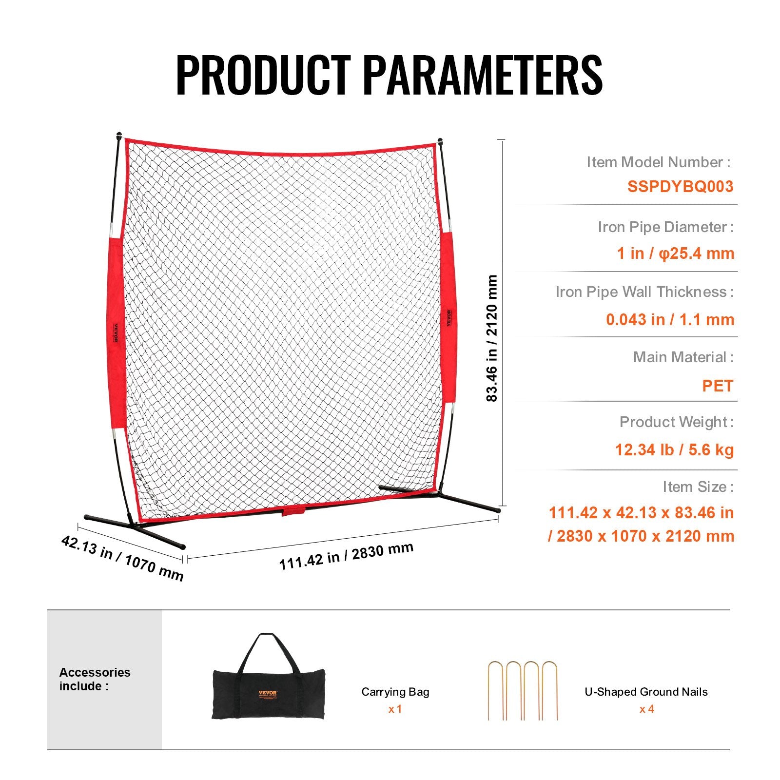 VEVOR Barricade Backstop Net, 7x7 ft Ball Sports Barrier Netting, Portable Practice Equipment with Carry Bag, Protection Screen for Baseball Softball Lacrosse Soccer Hockey Training, for Backyard