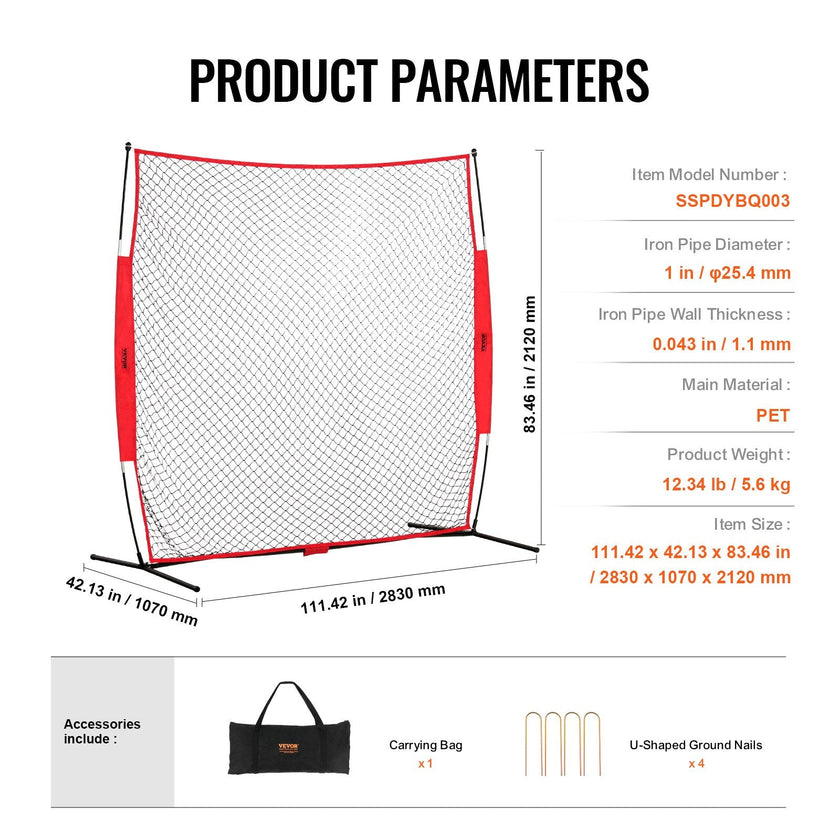 VEVOR Barricade Backstop Net, 7x7 ft Ball Sports Barrier Netting, Portable Practice Equipment with Carry Bag, Protection Screen for Baseball Softball Lacrosse Soccer Hockey Training, for Backyard