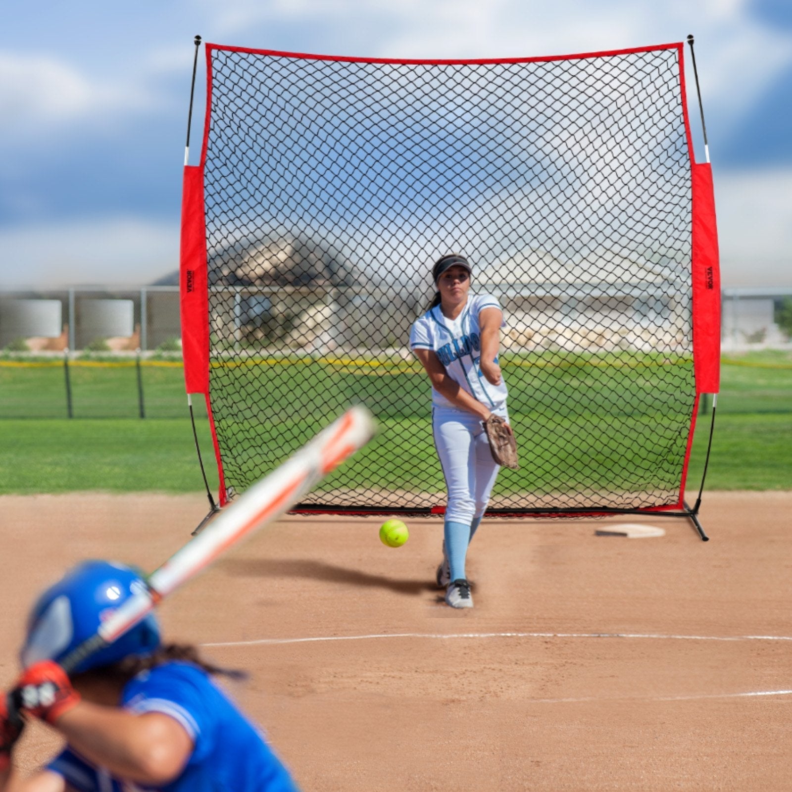 VEVOR Barricade Backstop Net, 7x7 ft Ball Sports Barrier Netting, Portable Practice Equipment with Carry Bag, Protection Screen for Baseball Softball Lacrosse Soccer Hockey Training, for Backyard