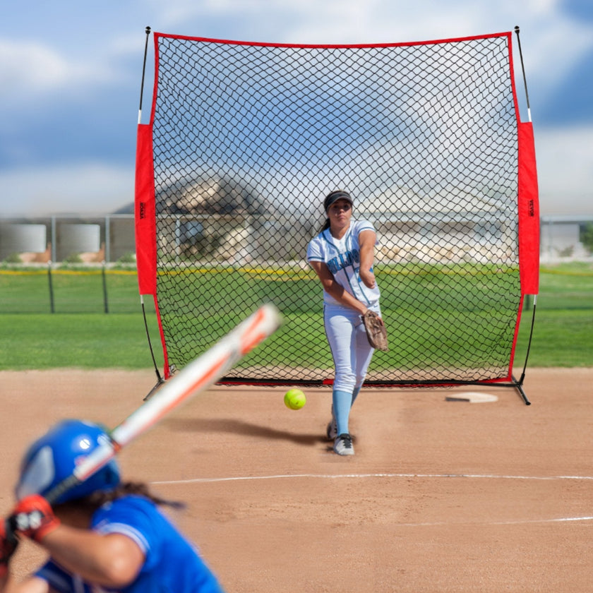 VEVOR Barricade Backstop Net, 7x7 ft Ball Sports Barrier Netting, Portable Practice Equipment with Carry Bag, Protection Screen for Baseball Softball Lacrosse Soccer Hockey Training, for Backyard