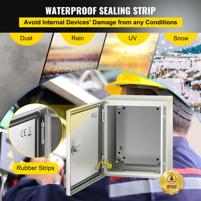 VEVOR Steel Electrical Box 12'' x 10'' x 6'' Electrical Enclosure Box, Carbon Steel Hinged Junction Box, IP65 Weatherproof Metal Box Wall-Mounted Electronic Equipment Enclosure Box with Mounting Plate