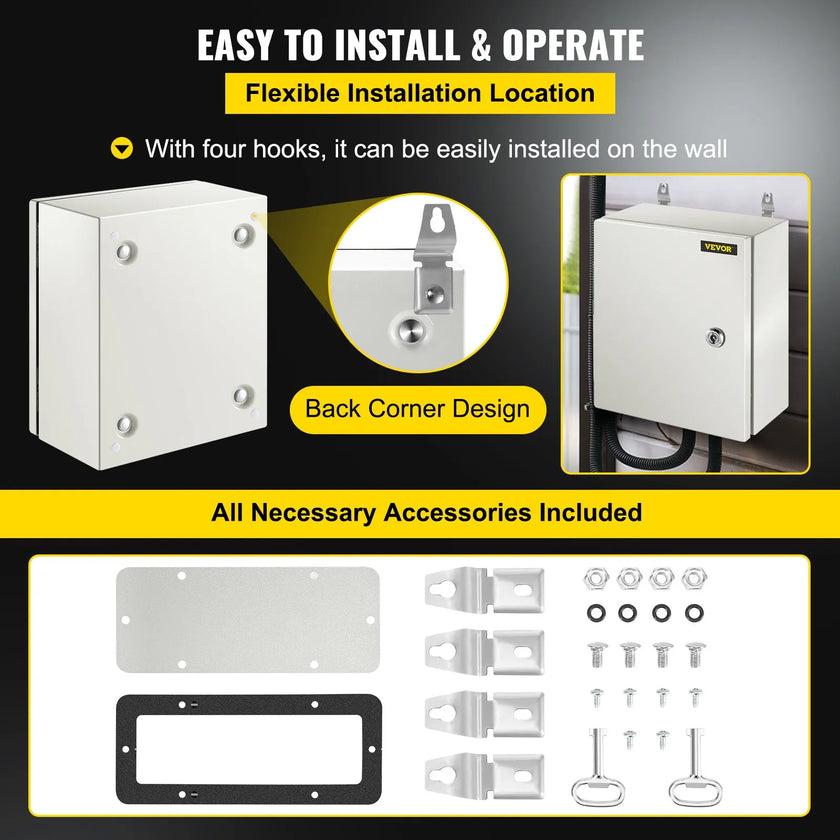 VEVOR Steel Electrical Box 12'' x 10'' x 6'' Electrical Enclosure Box, Carbon Steel Hinged Junction Box, IP65 Weatherproof Metal Box Wall-Mounted Electronic Equipment Enclosure Box with Mounting Plate