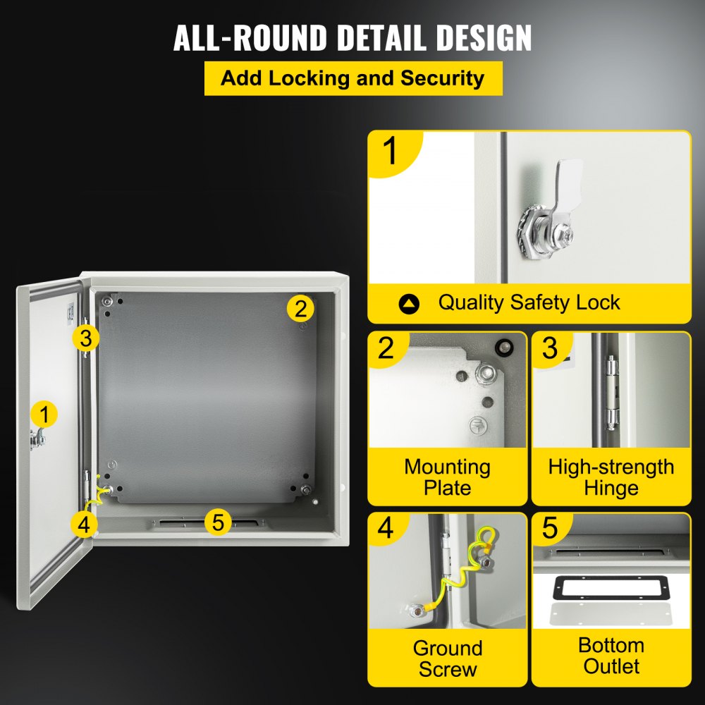 VEVOR Steel Electrical Box 12'' x 12'' x 8'' Electrical Enclosure Box, Carbon Steel Hinged Junction Box, IP65 Weatherproof Metal Box Wall-Mounted Electronic Equipment Enclosure Box with Mounting Plate
