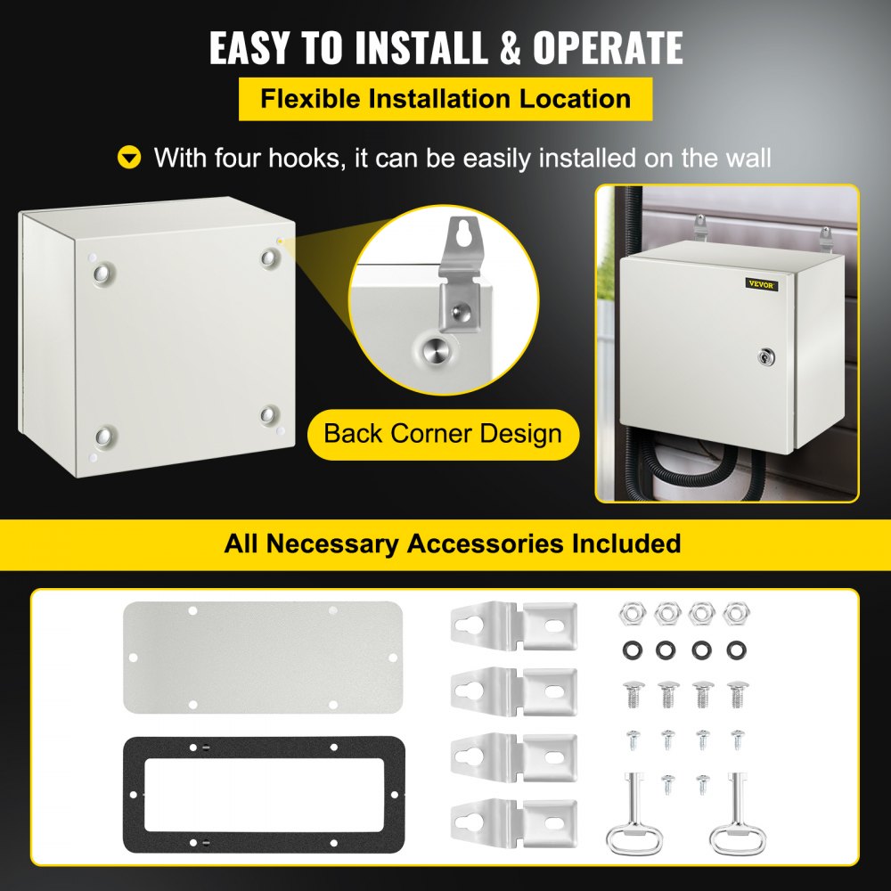 VEVOR Steel Electrical Box 12'' x 12'' x 8'' Electrical Enclosure Box, Carbon Steel Hinged Junction Box, IP65 Weatherproof Metal Box Wall-Mounted Electronic Equipment Enclosure Box with Mounting Plate