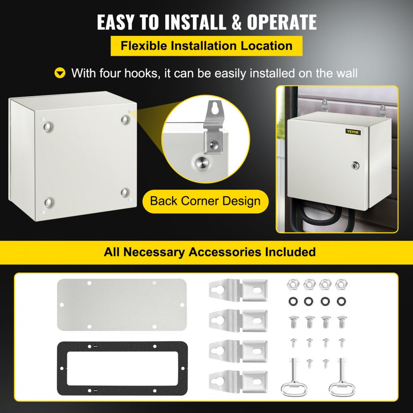 VEVOR Steel Electrical Box 12'' x 12'' x 8'' Electrical Enclosure Box, Carbon Steel Hinged Junction Box, IP65 Weatherproof Metal Box Wall-Mounted Electronic Equipment Enclosure Box with Mounting Plate