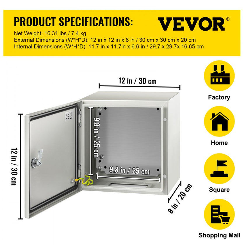VEVOR Steel Electrical Box 12'' x 12'' x 8'' Electrical Enclosure Box, Carbon Steel Hinged Junction Box, IP65 Weatherproof Metal Box Wall-Mounted Electronic Equipment Enclosure Box with Mounting Plate