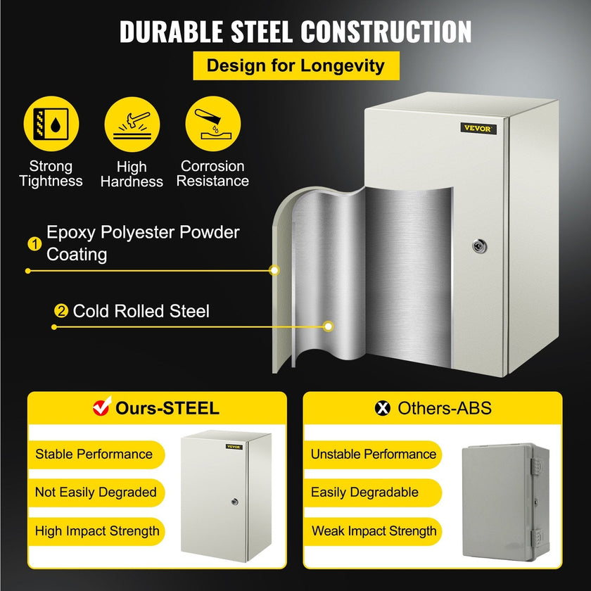 VEVOR Steel Electrical Box 20'' x 12'' x 10'' Electrical Enclosure Box, Carbon Steel Hinged Junction Box, IP65 Weatherproof Metal Box Wall-Mounted Electronic Equipment Enclosure Box with Mounting Plat