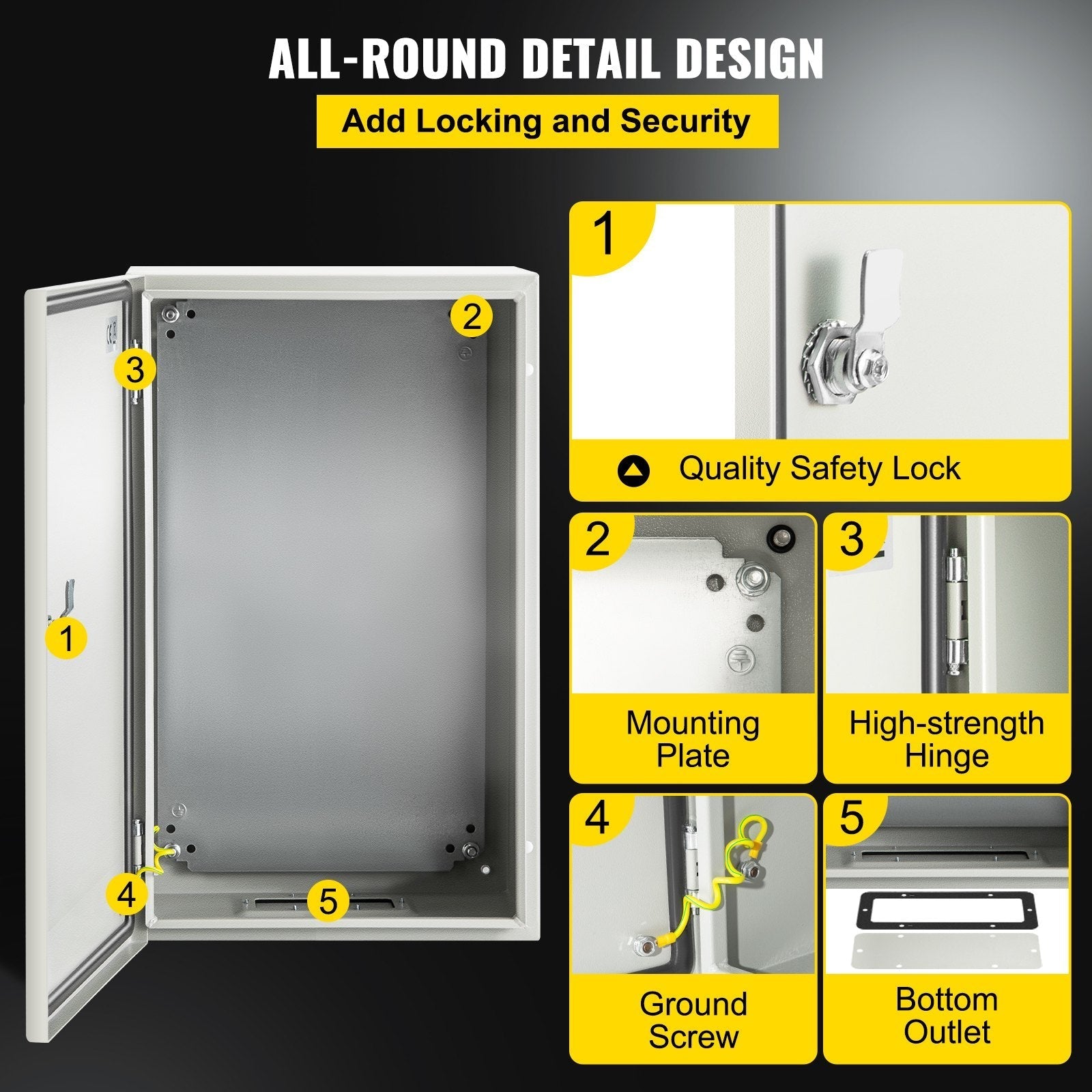 VEVOR Steel Electrical Box 20'' x 12'' x 10'' Electrical Enclosure Box, Carbon Steel Hinged Junction Box, IP65 Weatherproof Metal Box Wall-Mounted Electronic Equipment Enclosure Box with Mounting Plat