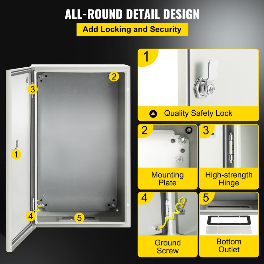 VEVOR Steel Electrical Box 20'' x 12'' x 10'' Electrical Enclosure Box, Carbon Steel Hinged Junction Box, IP65 Weatherproof Metal Box Wall-Mounted Electronic Equipment Enclosure Box with Mounting Plat