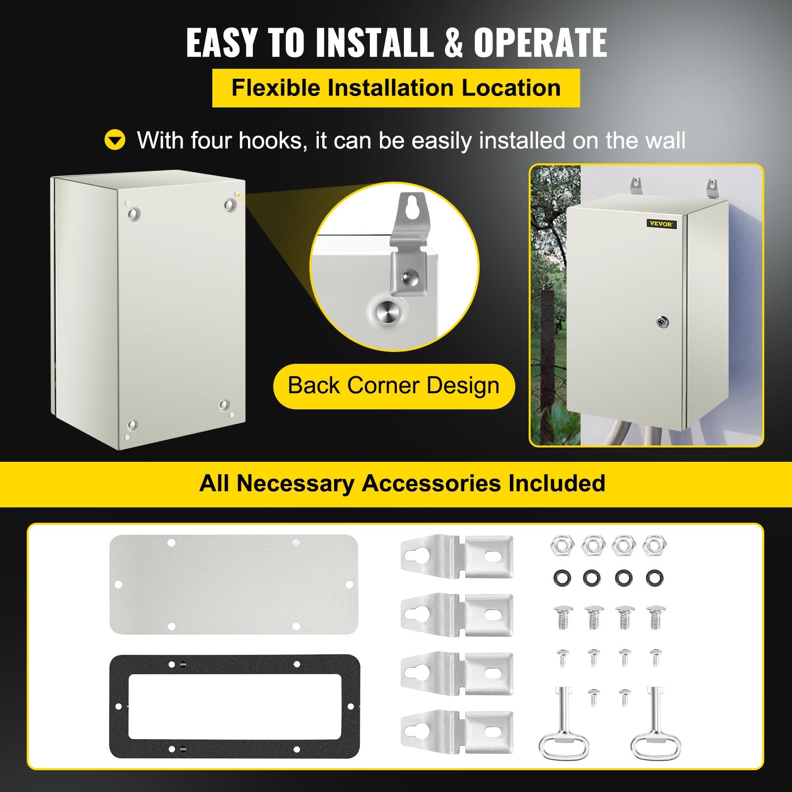 VEVOR Steel Electrical Box 20'' x 12'' x 10'' Electrical Enclosure Box, Carbon Steel Hinged Junction Box, IP65 Weatherproof Metal Box Wall-Mounted Electronic Equipment Enclosure Box with Mounting Plat