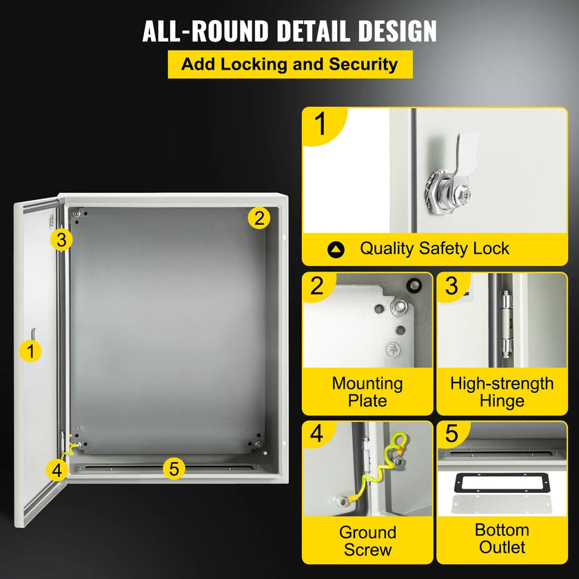 VEVOR Steel Electrical Box 20'' x 16'' x 8'' Electrical Enclosure Box, Carbon Steel Hinged Junction Box, IP65 Weatherproof Metal Box Wall-Mounted Electronic Equipment Enclosure Box with Mounting Plate