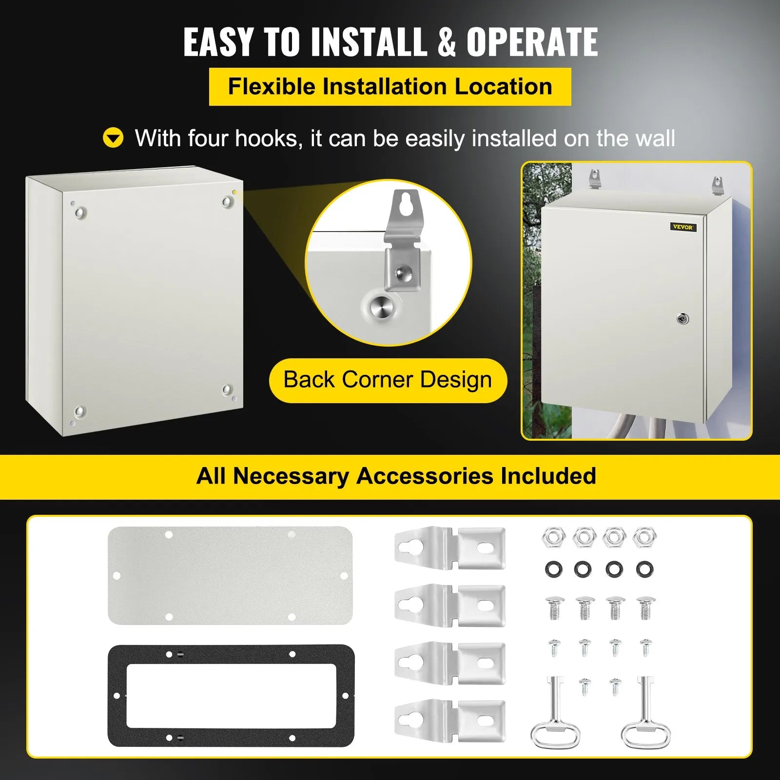 VEVOR Steel Electrical Box 20'' x 16'' x 8'' Electrical Enclosure Box, Carbon Steel Hinged Junction Box, IP65 Weatherproof Metal Box Wall-Mounted Electronic Equipment Enclosure Box with Mounting Plate