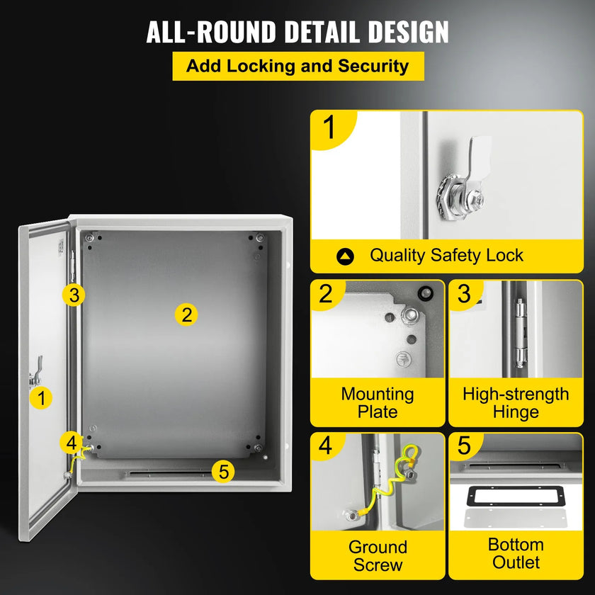 VEVOR Steel Electrical Box 20'' x 16'' x 10'' Electrical Enclosure Box, Carbon Steel Hinged Junction Box IP65 Weatherproof Metal Box Wall-Mounted Electronic Equipment Enclosure Box with Mounting Plate