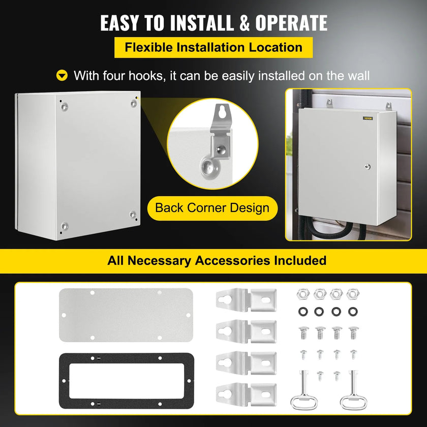 VEVOR Steel Electrical Box 20'' x 16'' x 10'' Electrical Enclosure Box, Carbon Steel Hinged Junction Box IP65 Weatherproof Metal Box Wall-Mounted Electronic Equipment Enclosure Box with Mounting Plate