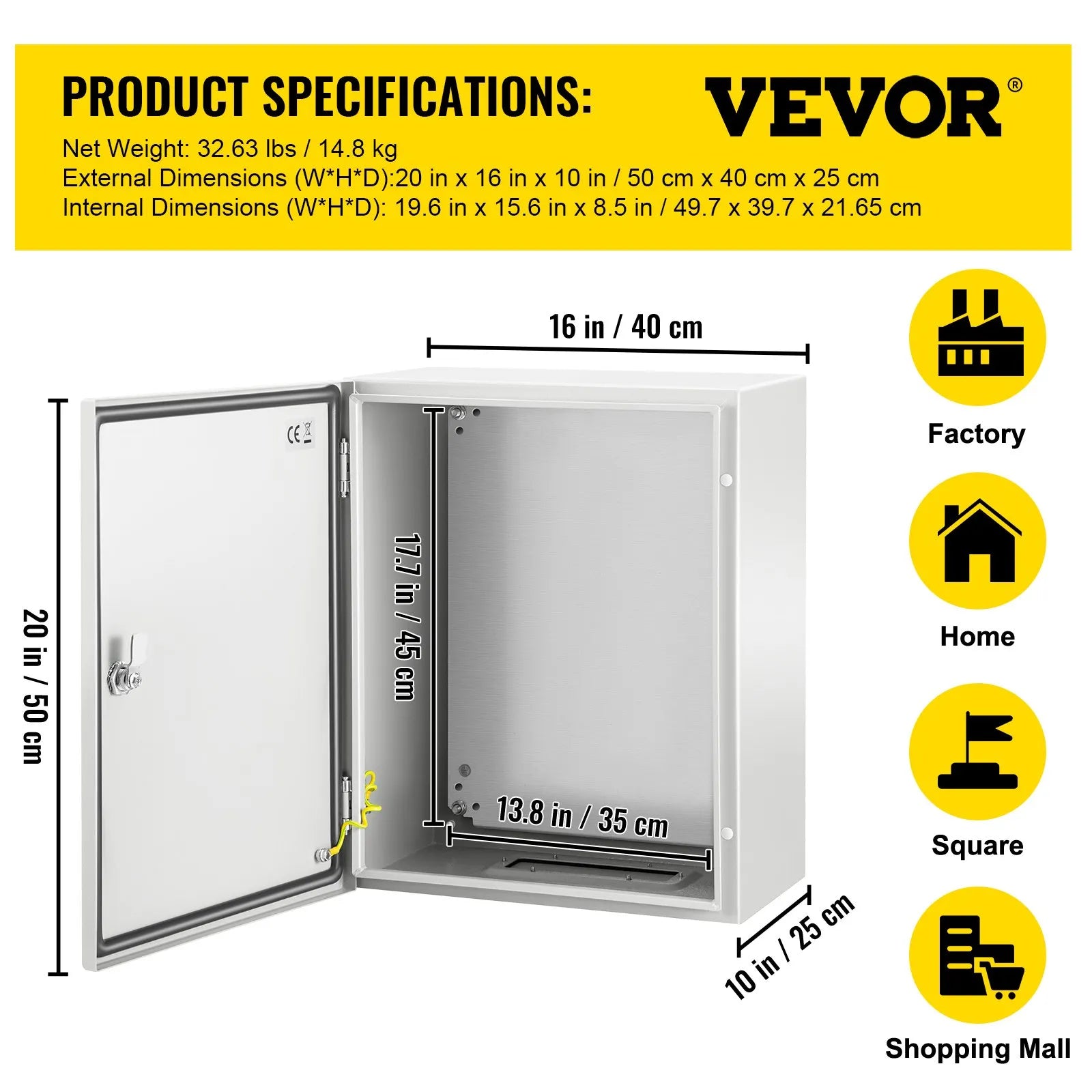 VEVOR Steel Electrical Box 20'' x 16'' x 10'' Electrical Enclosure Box, Carbon Steel Hinged Junction Box IP65 Weatherproof Metal Box Wall-Mounted Electronic Equipment Enclosure Box with Mounting Plate