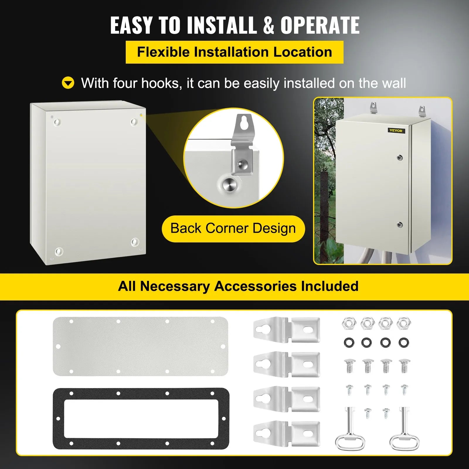 VEVOR Steel Electrical Box 24'' x 16'' x 10'' Electrical Enclosure Box, Carbon Steel Hinged Junction Box, IP65 Weatherproof Metal Box Wall-Mounted Electronic Equipment Enclosure Box with Mounting Plat