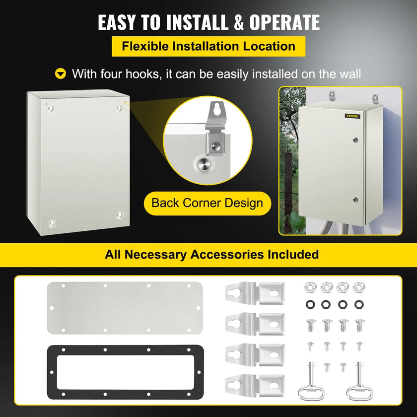 VEVOR Steel Electrical Box 24'' x 16'' x 10'' Electrical Enclosure Box, Carbon Steel Hinged Junction Box, IP65 Weatherproof Metal Box Wall-Mounted Electronic Equipment Enclosure Box with Mounting Plat