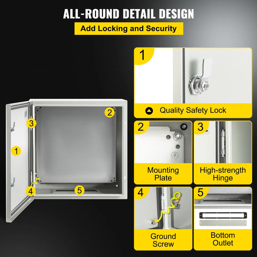 VEVOR Steel Electrical Box 24'' x 24'' x 8'' Electrical Enclosure Box, Carbon Steel Hinged Junction Box, IP65 Weatherproof Metal Box Wall-Mounted Electronic Equipment Enclosure Box with Mounting Plate