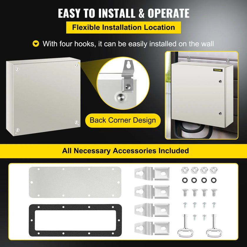 VEVOR Steel Electrical Box 24'' x 24'' x 8'' Electrical Enclosure Box, Carbon Steel Hinged Junction Box, IP65 Weatherproof Metal Box Wall-Mounted Electronic Equipment Enclosure Box with Mounting Plate