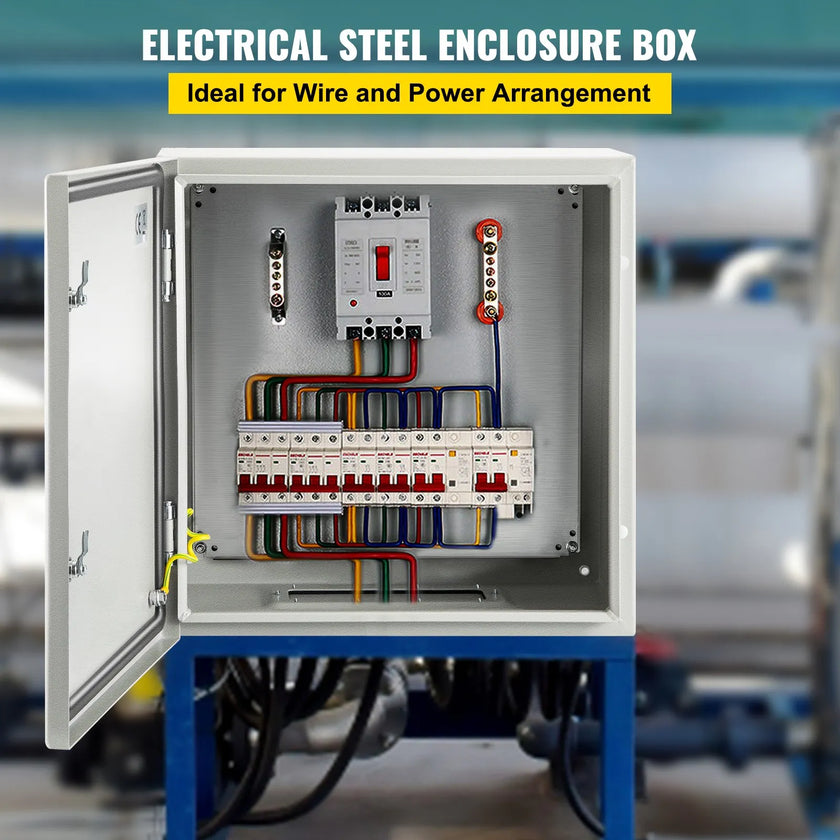 VEVOR Steel Electrical Box 24'' x 24'' x 12'' Electrical Enclosure, Carbon Steel Hinged Junction Box, IP65 Weatherproof Metal Box Wall-Mounted Electronic Equipment Enclosure Box with Mounting Plate