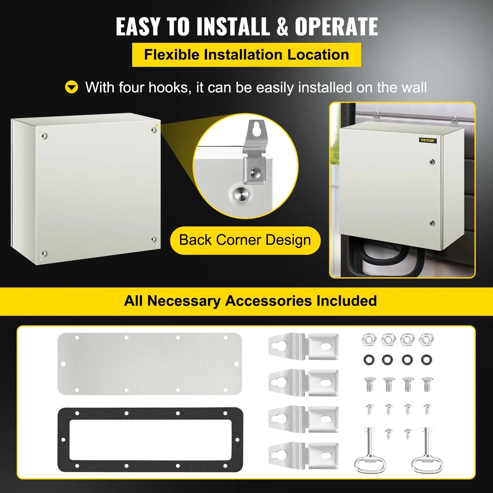 VEVOR Steel Electrical Box 24'' x 24'' x 12'' Electrical Enclosure, Carbon Steel Hinged Junction Box, IP65 Weatherproof Metal Box Wall-Mounted Electronic Equipment Enclosure Box with Mounting Plate
