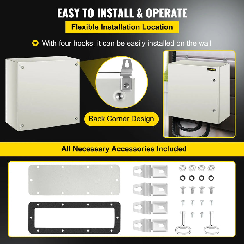 VEVOR Steel Electrical Box 24'' x 24'' x 12'' Electrical Enclosure, Carbon Steel Hinged Junction Box, IP65 Weatherproof Metal Box Wall-Mounted Electronic Equipment Enclosure Box with Mounting Plate