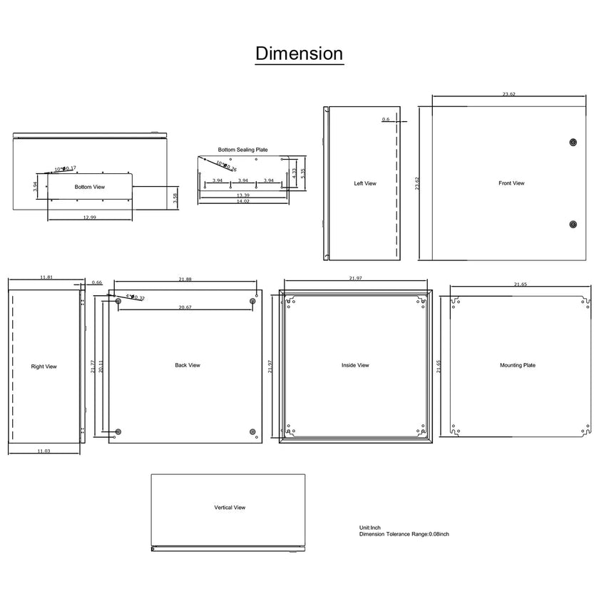 VEVOR Steel Electrical Box 24'' x 24'' x 12'' Electrical Enclosure, Carbon Steel Hinged Junction Box, IP65 Weatherproof Metal Box Wall-Mounted Electronic Equipment Enclosure Box with Mounting Plate
