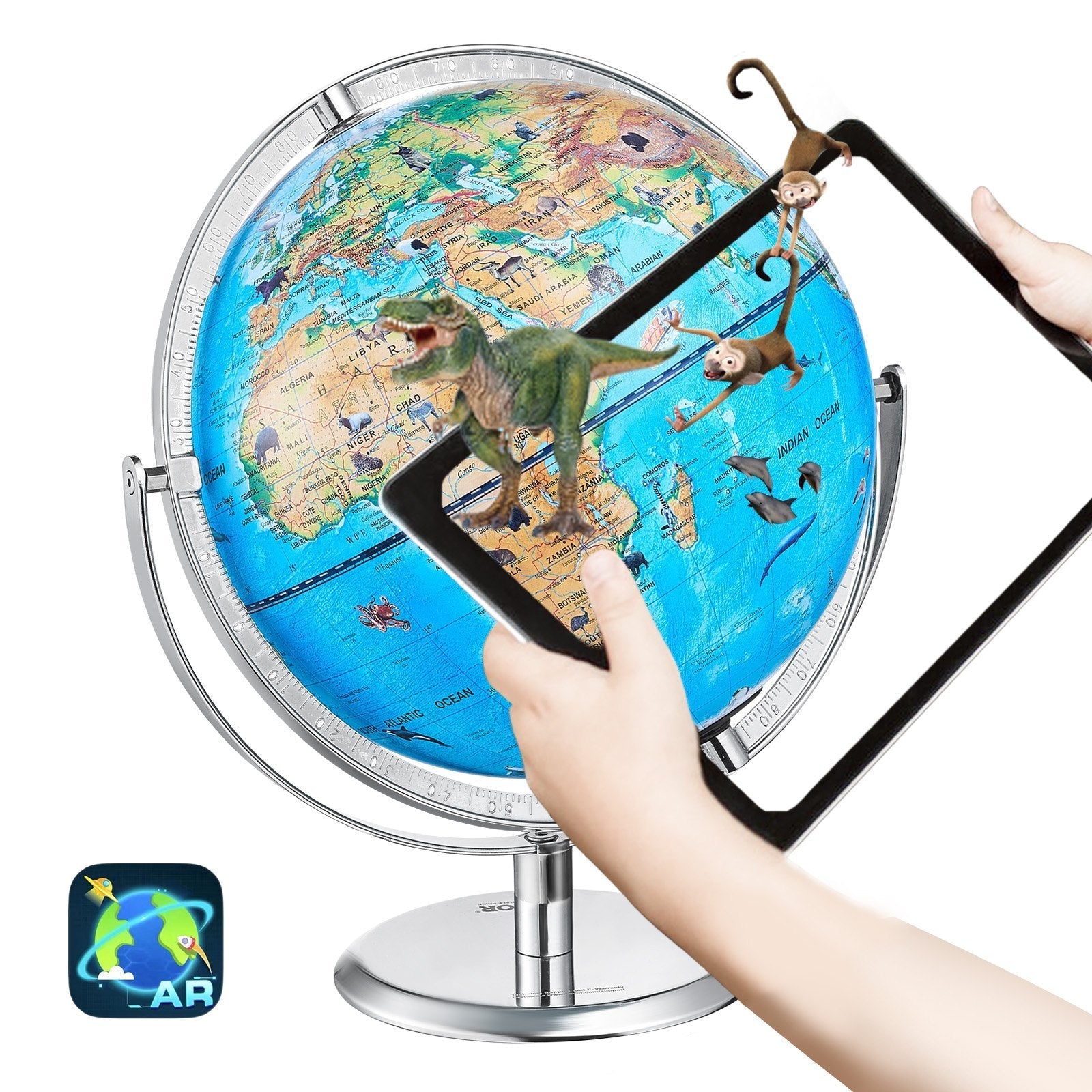 VEVOR Educational Globe for Kids, 10 in/254 mm, Interactive AR World Globe with AR Golden Globe APP LED Night Lighting 720° Rotation, STEM Toy Gifts for Kids Compatible with Android or iOS Devices