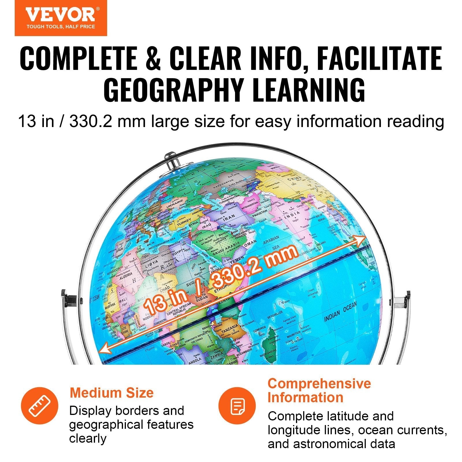 VEVOR Illuminated World Globe with Stand, 13 in/330.2 mm, Educational Earth Globe with Stable Heavy Metal Base and LED Constellation Night Light HD Printed Map, Spinning for Kids Classroom Learning