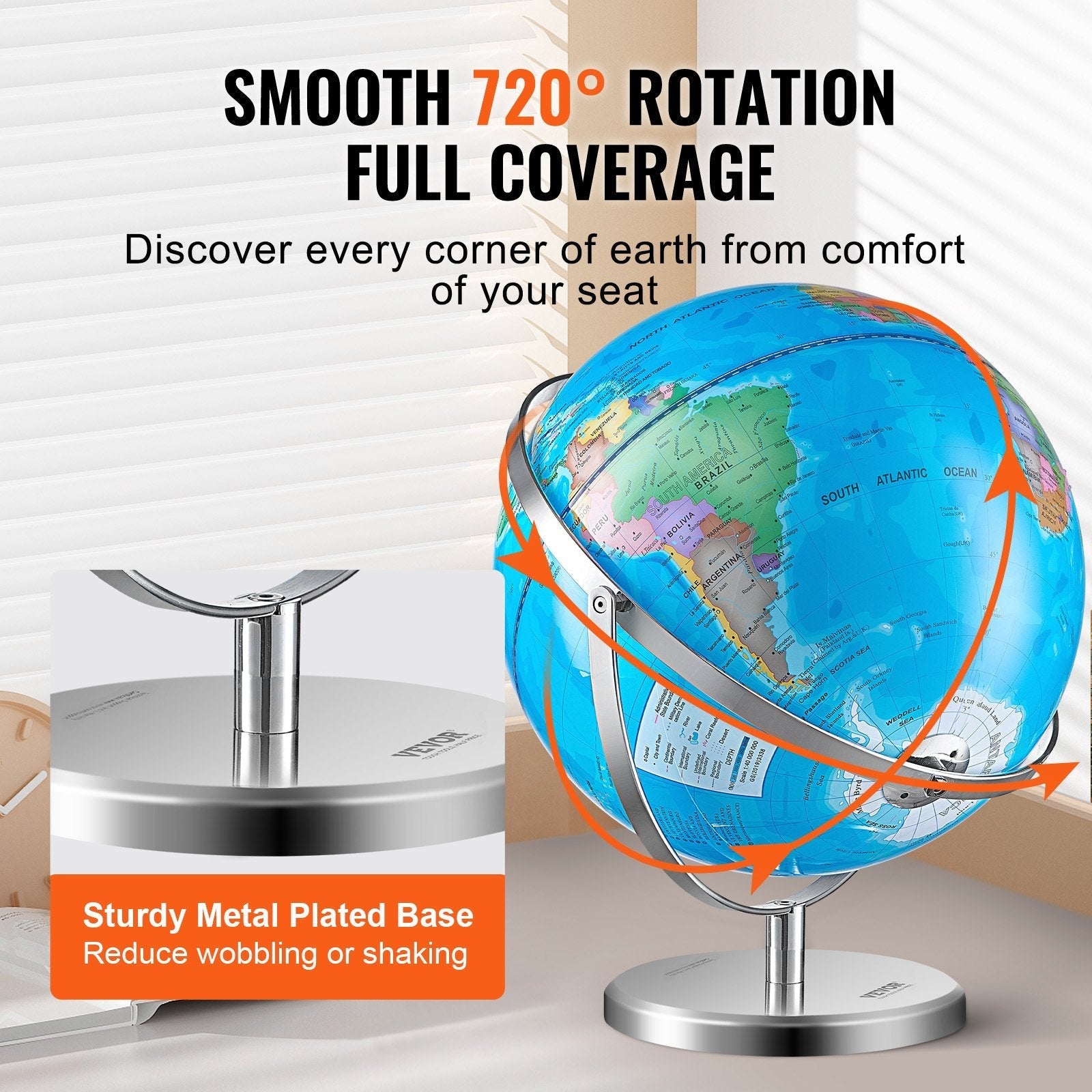 VEVOR Illuminated World Globe with Stand, 13 in/330.2 mm, Educational Earth Globe with Stable Heavy Metal Base and LED Constellation Night Light HD Printed Map, Spinning for Kids Classroom Learning