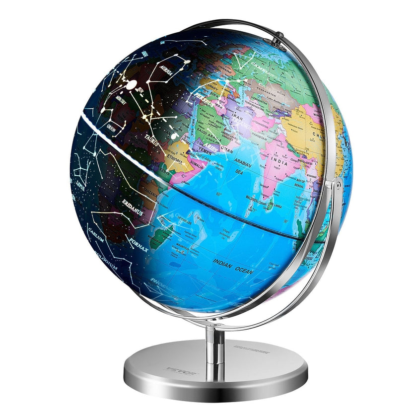 VEVOR Illuminated World Globe with Stand, 9 in/228.6 mm, Educational Earth Globe with Stable Heavy Metal Base and LED Constellation Night Light HD Printed Map, Spinning for Kids Classroom Learning