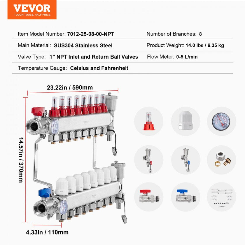 VEVOR 8-Branch Radiant Heat Manifold 1/2