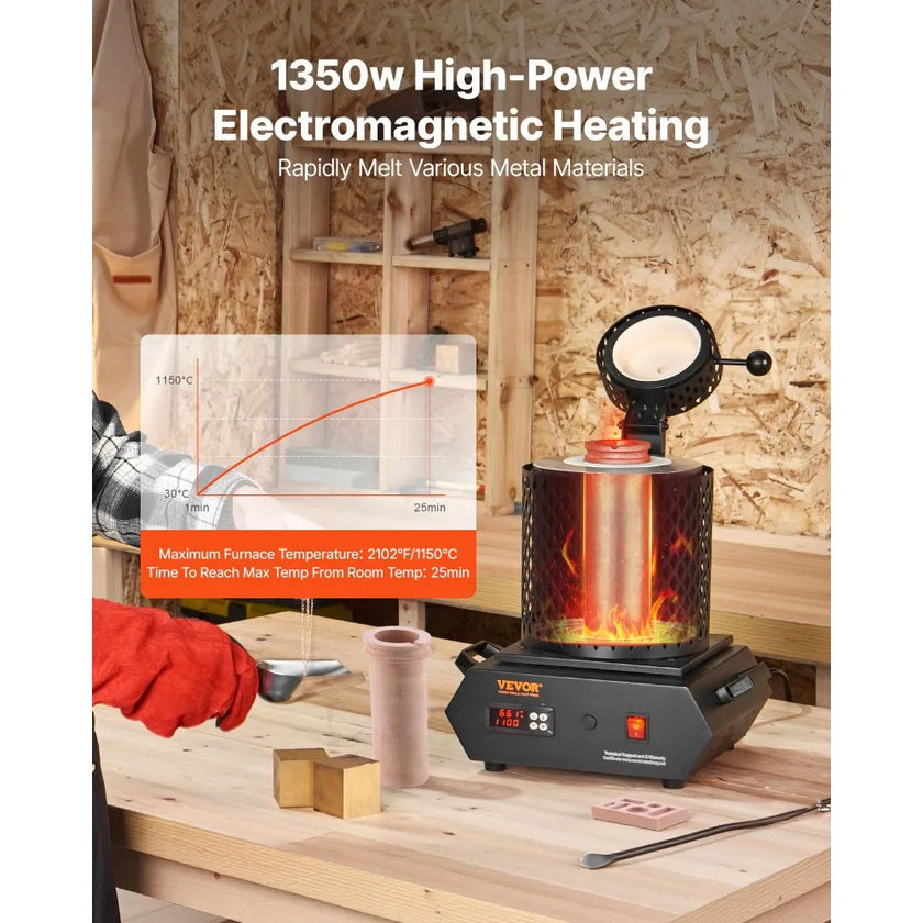 Gold Melting Furnace, 1350W PID Digital Electric Furnace with 1 kg & 3 kg Ceramic Crucibles, 2102°F (1150°C)