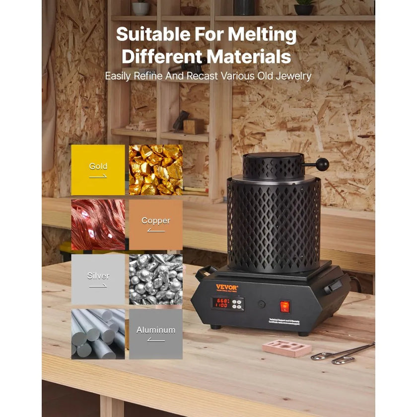Gold Melting Furnace, 1350W PID Digital Electric Furnace with 1 kg & 3 kg Ceramic Crucibles, 2102°F (1150°C)