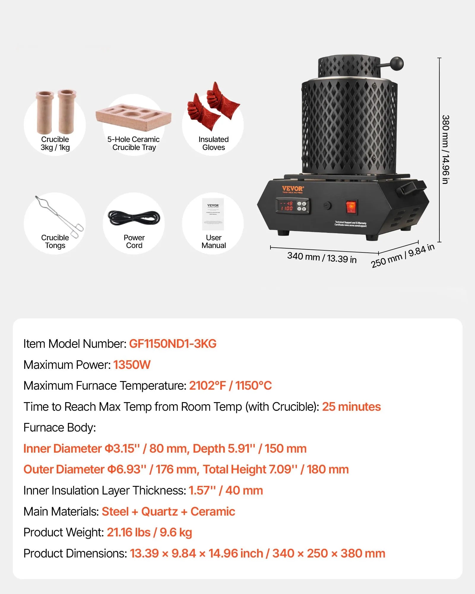 Gold Melting Furnace, 1350W PID Digital Electric Furnace with 1 kg & 3 kg Ceramic Crucibles, 2102°F (1150°C)