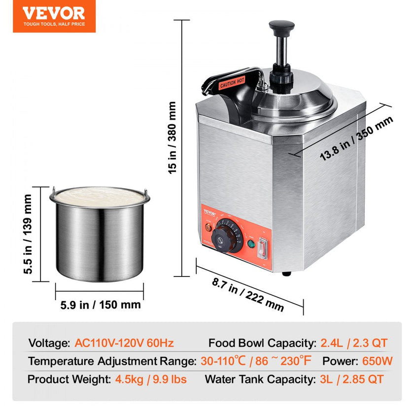VEVOR Electric Cheese Dispenser with Pump, 2.3 Qt Commercial Hot Fudge Warmer, Stainless Steel Heated Pump Dispenser, 86-230? Temp Adjustable Nacho Cheese Sauce Warmer, for Hot Fudge Cheese Caramel