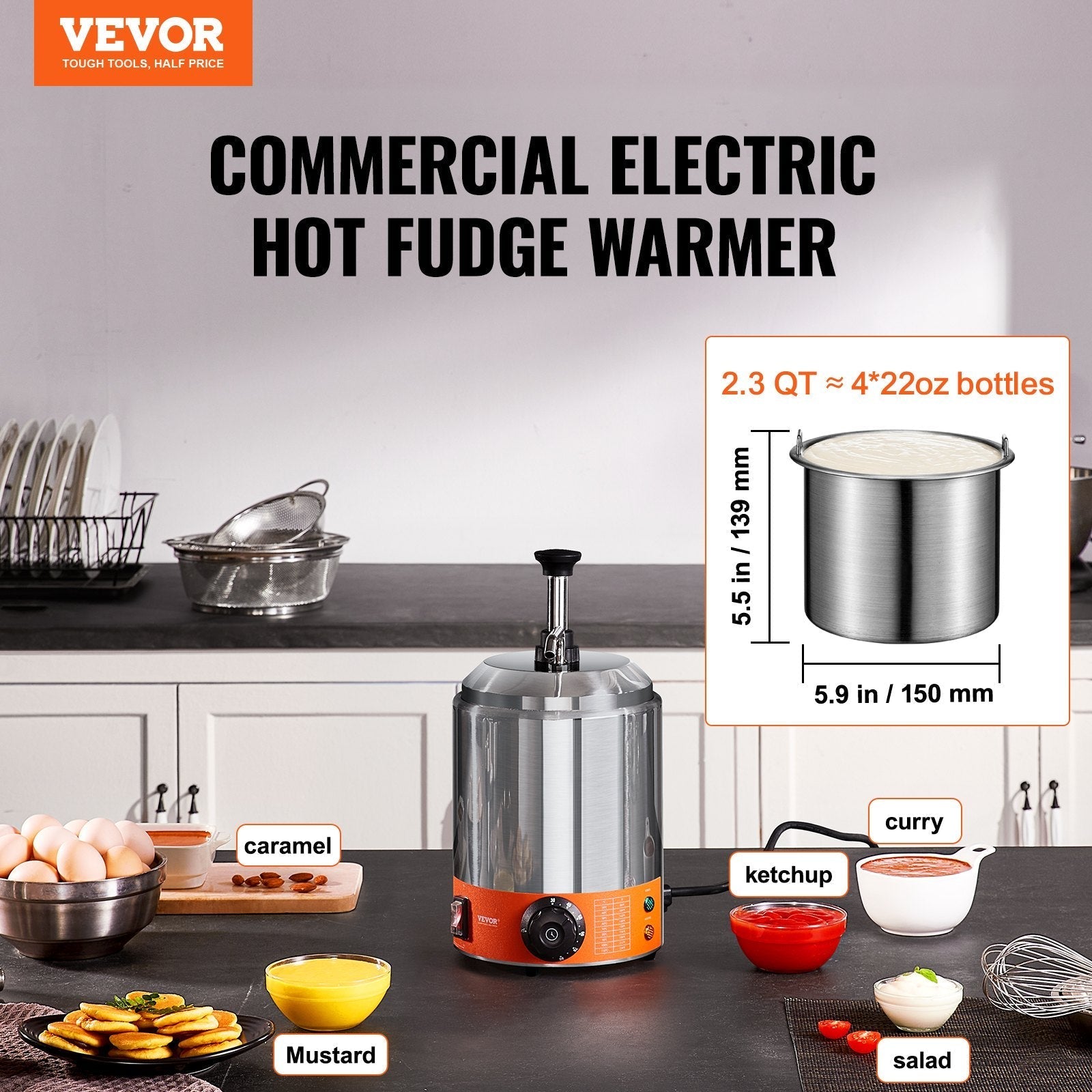 VEVOR Electric Cheese Dispenser with Pump, 2.3 Qt Commercial Hot Fudge Warmer, Plastic Pump Dispenser, 86-230? Temp Adjustable Nacho Cheese Sauce Warmer, for Hot Fudge Cheese Caramel