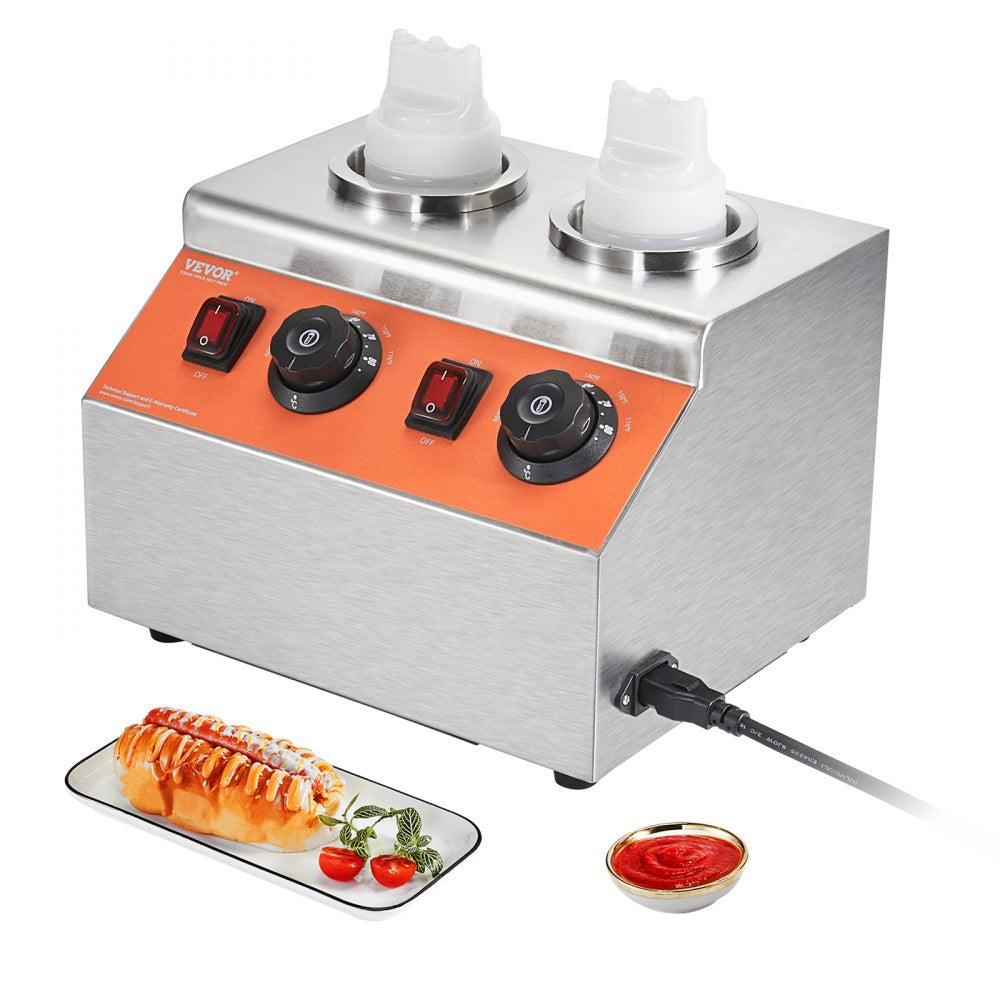 VEVOR Electric Bottle Warmer with Bottles, 0.57x2 Qt Commercial Cheese Dispenser, Hot Fudge Warmer 86-185? Temp Adjustable, Plastic Double Bottles Nacho Cheese Warmer, for Hot Fudge Cheese Caramel