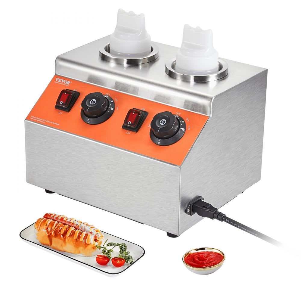 VEVOR Electric Bottle Warmer with Bottles, 0.57x2 Qt Commercial Cheese Dispenser, Hot Fudge Warmer 86-185? Temp Adjustable, Plastic Double Bottles Nacho Cheese Warmer, for Hot Fudge Cheese Caramel