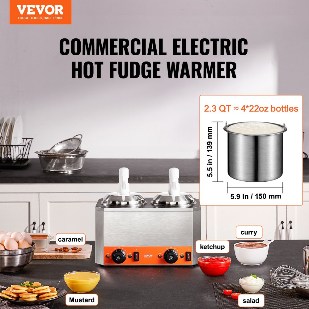 VEVOR Electric Cheese Dispenser with Pumps, 2.3x2 Qt Commercial Hot Fudge Warmer, Plastic Double Pumps Dispenser, 86-230? Temp Adjustable Nacho Cheese Sauce Warmer, for Hot Fudge Cheese Caramel